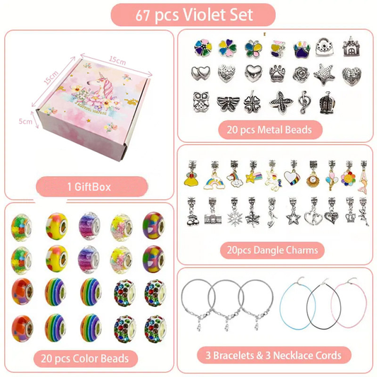 67-Piece Pink  Craft Set (Includes Beads, Charms, and Storage Case) -Kids' Unicorn DIY Bracelet Kit – Creative Jewelry Making Gift for Girls Ages 3+