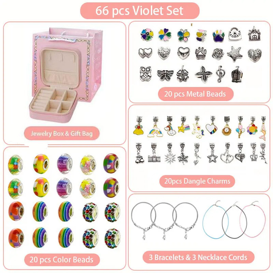 66-Piece Colorful Gift Bag Craft Set (Includes Beads, Charms, and Storage Case) -Kids' Unicorn DIY Bracelet Kit – Creative Jewelry Making Gift for Girls Ages 3+
