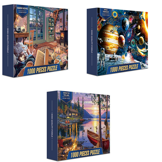 3 PCS 1000 Piece Jigsaw Puzzle for Adults - Animal & Landscape Art Design, Stress Relief Brain Game - Premium Quality Paper Puzzle for Teens Adults Ages 14+ 【Space+home+lake】