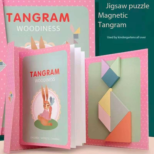 Pink Magnetic Tangram Puzzle for Kids - 7 Colorful Geometric Shapes with Book-Style Storage Case, 96 Pattern Guide - Montessori Educational Toy for Spatial Reasoning Ages 4+ - Travel-Friendly Brain Game