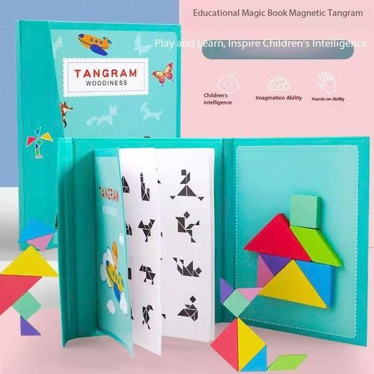 Green Magnetic Tangram Puzzle for Kids - 7 Colorful Geometric Shapes with Book-Style Storage Case, 96 Pattern Guide - Montessori Educational Toy for Spatial Reasoning Ages 4+ - Travel-Friendly Brain Game