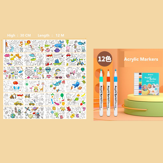 2 Piece- 12M Kids Coloring Scroll Drawing Paper and 12-Color Marker Set, Giant Doodle Art Mural for Wall, Jumbo Coloring Poster Roll,  Creative Art Activity for Ages 3+