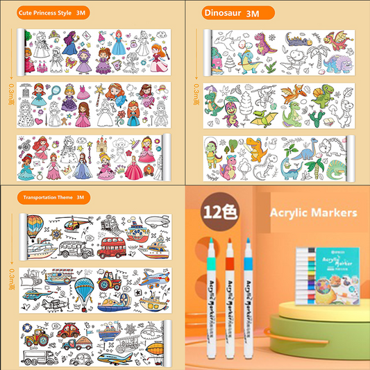 4 Piece- 3pce*3M Kids Coloring Scroll Drawing Paper and 12-Color Marker Set, Giant Doodle Art Mural for Wall, Jumbo Coloring Poster Roll,  Creative Art Activity for Ages 3+
