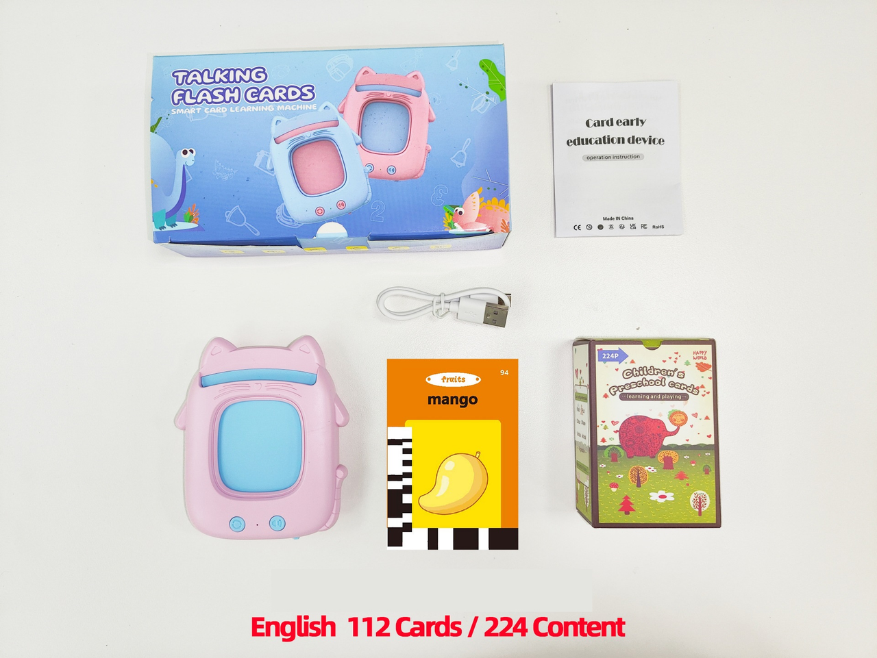 Pink Cat Talking  Cards Educational Toy for Toddlers 112 Cards Audible Preschool Learning Machine Early Childhood Development Interactive Reading Cards with Rechargeable Battery ABS Material