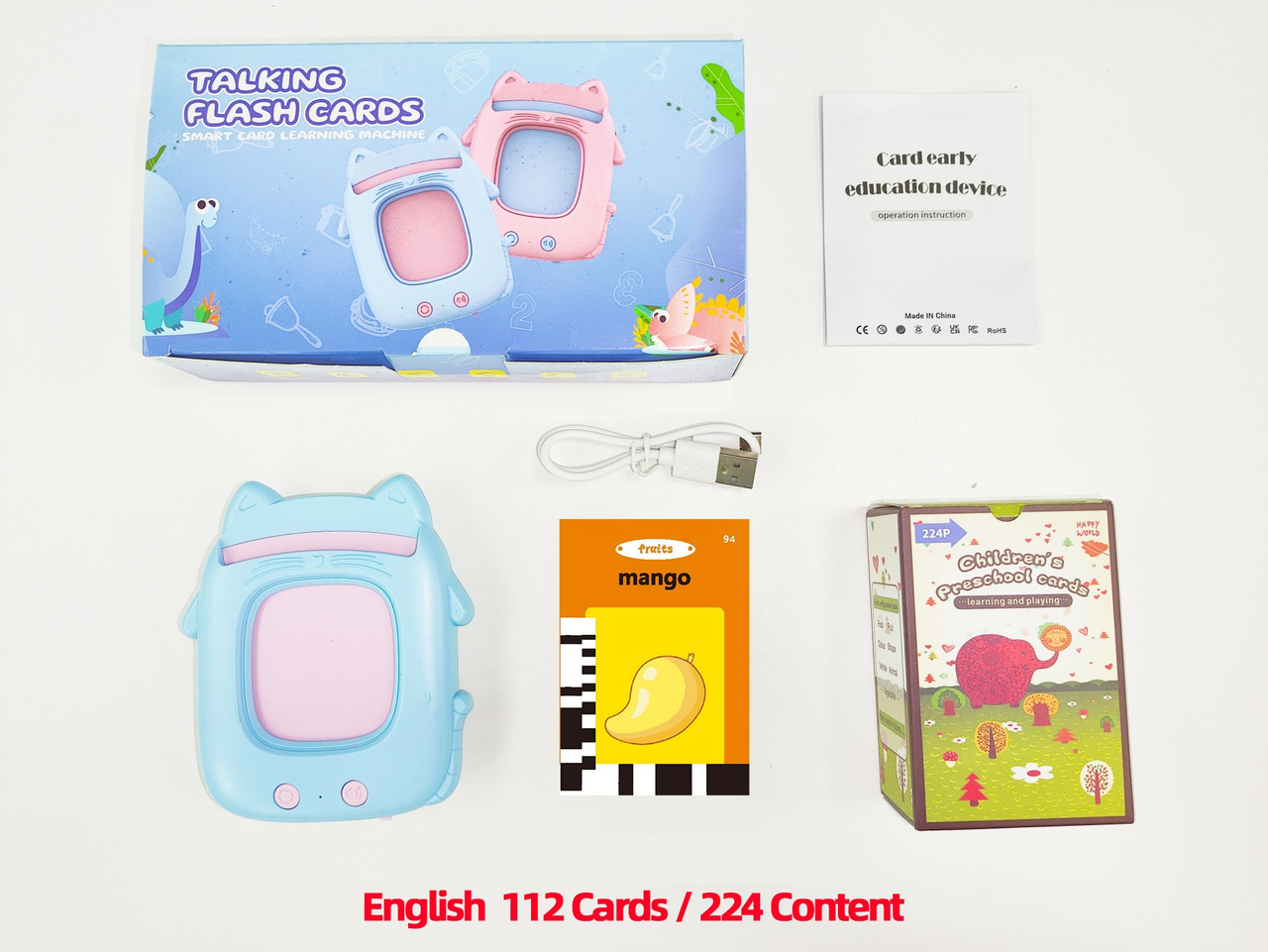 Blue Cat Talking  Cards Educational Toy for Toddlers 112 Cards Audible Preschool Learning Machine Early Childhood Development Interactive Reading Cards with Rechargeable Battery ABS Material