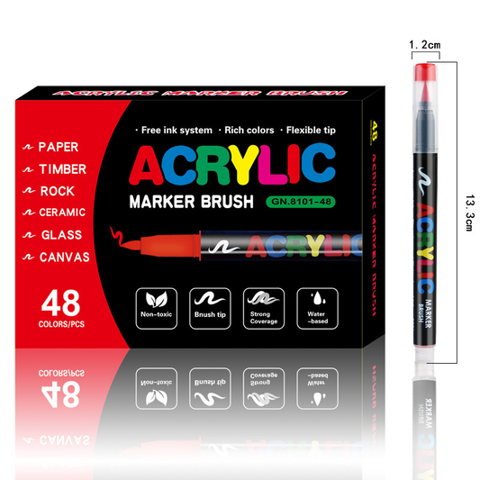 48-Color Liquid Acrylic Paint Markers — Soft Brush Tip| Art & Painting Supplies | Automatic Ink Control System | Suitable for Various Surfaces (Rock, Glass, Wood, Fabric, PP Materials) | Recommended Age: 3+