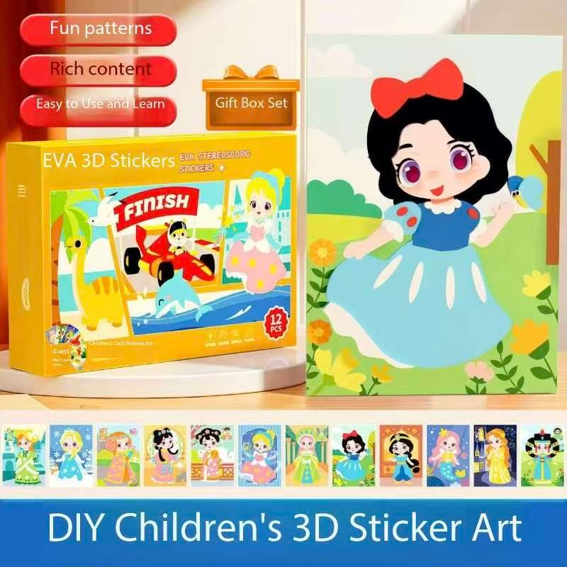 2-pce Kids 3D EVA Foam Sticker Art Kit - Princess Theme DIY Craft Activity Set with 12 Designs, Self-Adhesive Pre-Cut Shapes, Creative Handmade Gift Box for Girls Ages 4+ Preschool Educational Toy【Transportation+Dinosaurs】
