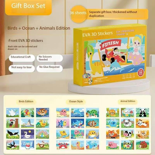 3-pce Kids 3D EVA Foam Sticker Art Kit - Princess Theme DIY Craft Activity Set with 12 Designs, Self-Adhesive Pre-Cut Shapes, Creative Handmade Gift Box for Girls Ages 4+ Preschool Educational Toy【Animals+ Oceans+Birds】