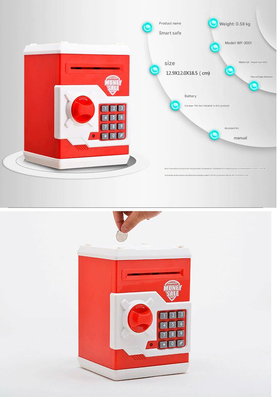 White and Pink Children's Electronic Password Piggy Bank — An ATM-style automatic money-rolling safe featuring a digital keypad lock, 4-digit password security, and a coin slot. Powered by three AA batteries (not included), this educational and developmen