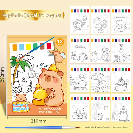 Kids Watercolor Coloring Book Set - Portable Paint with Water Art Book for Children, 12 Pages Tear-Off Drawing Pad with Built-in Palette and Brush, Mess-Free Painting Activity for Ages 5+【Capybara Style】