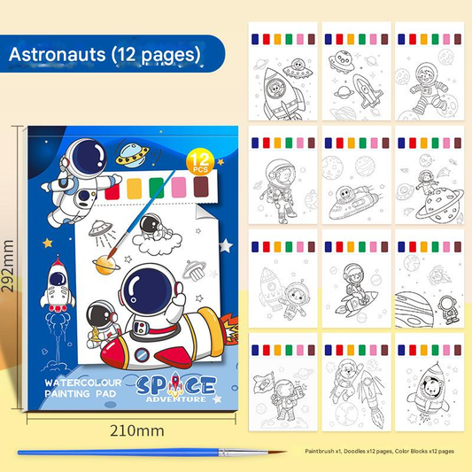 Kids Watercolor Coloring Book Set - Portable Paint with Water Art Book for Children, 12 Pages Tear-Off Drawing Pad with Built-in Palette and Brush, Mess-Free Painting Activity for Ages 5+【Astronaut Style】