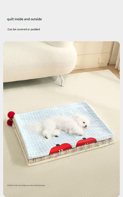 M size 2-Piece Plaid Apple Pet Blanket and Pillow Set - Soft Cotton Plush Sleeping Mat for Dogs and Cats, All-Season Reversible Cushion Bed with Cute Bear Pillow, Machine Washable Pet Bed Accessories