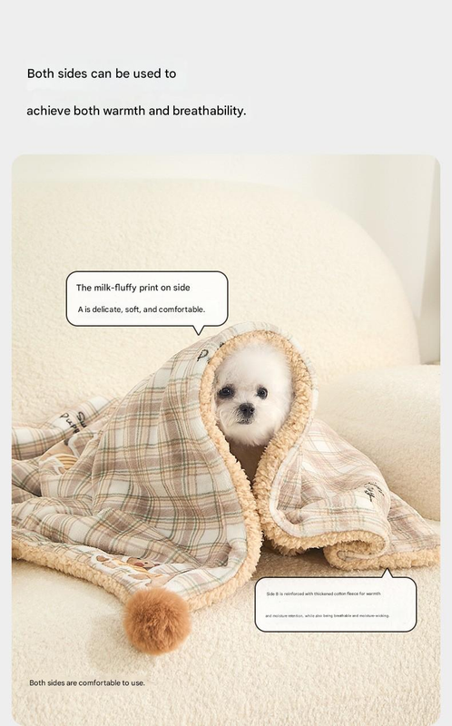 M size 2-Piece Plaid Apple Pet Blanket and Pillow Set - Soft Cotton Plush Sleeping Mat for Dogs and Cats, All-Season Reversible Cushion Bed with Cute Bear Pillow, Machine Washable Pet Bed Accessories