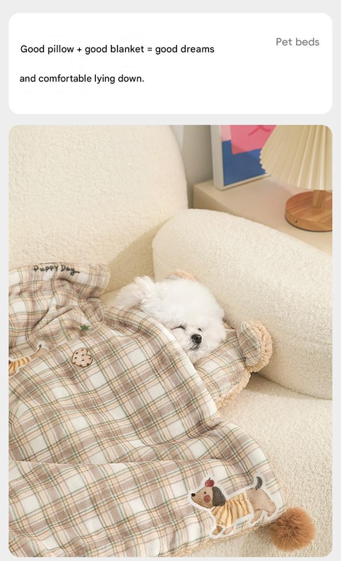 S size 2-Piece Plaid Puppy Pet Blanket and Pillow Set - Soft Cotton Plush Sleeping Mat for Dogs and Cats, All-Season Reversible Cushion Bed with Cute Bear Pillow, Machine Washable Pet Bed Accessories