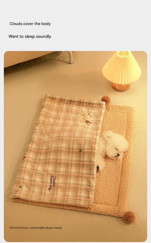 S size 2-Piece Plaid Puppy Pet Blanket and Pillow Set - Soft Cotton Plush Sleeping Mat for Dogs and Cats, All-Season Reversible Cushion Bed with Cute Bear Pillow, Machine Washable Pet Bed Accessories