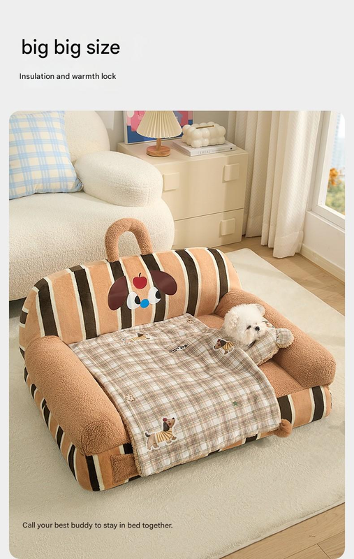 L size 2-Piece Plaid Puppy Pet Blanket and Pillow Set - Soft Cotton Plush Sleeping Mat for Dogs and Cats, All-Season Reversible Cushion Bed with Cute Bear Pillow, Machine Washable Pet Bed Accessories