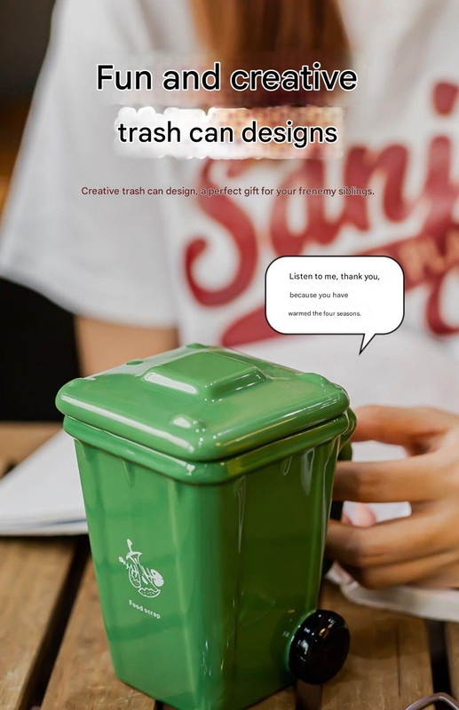 Green  Creative Trash Can Ceramic Mug with Shovel Spoon - 400ml Funny Garbage Bin Coffee Cup with Lid - Novelty Gag Gift for Birthday Christmas - Quirky Kitchen Cup for Home Office