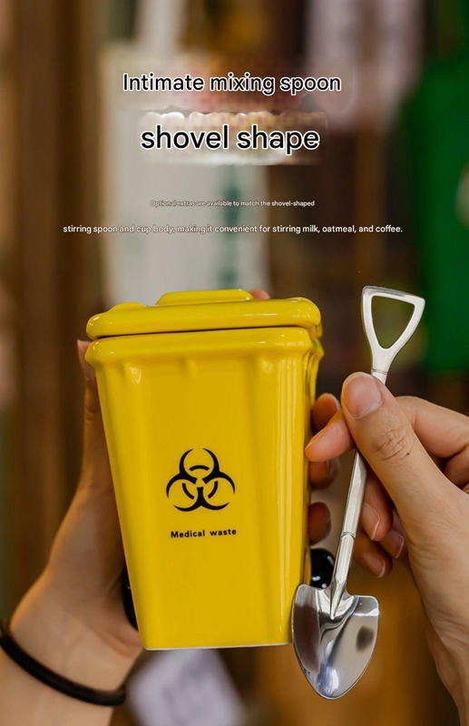 Grey  Creative Trash Can Ceramic Mug with Shovel Spoon - 400ml Funny Garbage Bin Coffee Cup with Lid - Novelty Gag Gift for Birthday Christmas - Quirky Kitchen Cup for Home Office