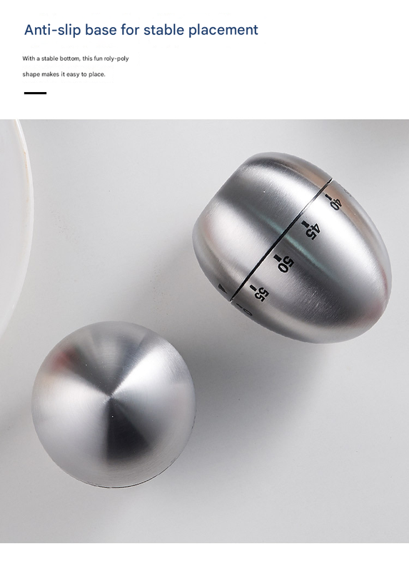Egg Shape Stainless Steel Kitchen Timer Mechanical Cooking Timer -  Wind-Up 60 Minute Countdown Timer - Loud Ring 72dB Baking Tool with Non-Slip Base - Battery-Free Analog Timer for Home Office