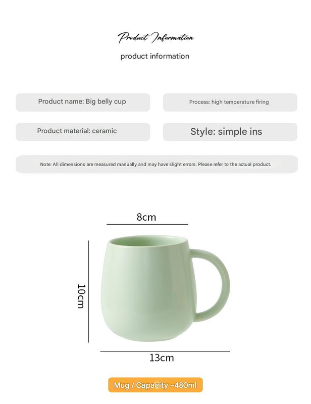 Blue Premium Macaron Ceramic Coffee Mug Set - 500ml Large Capacity Belly Cup with Underglaze Finish, Minimalist Nordic Style Porcelain Mug for Coffee, Tea, Milk and Oatmeal