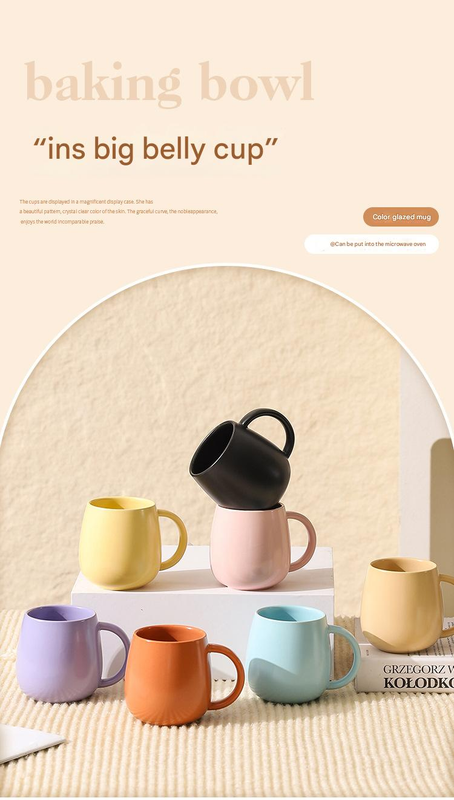 Orange Premium Macaron Ceramic Coffee Mug Set - 500ml Large Capacity Belly Cup with Underglaze Finish, Minimalist Nordic Style Porcelain Mug for Coffee, Tea, Milk and Oatmeal
