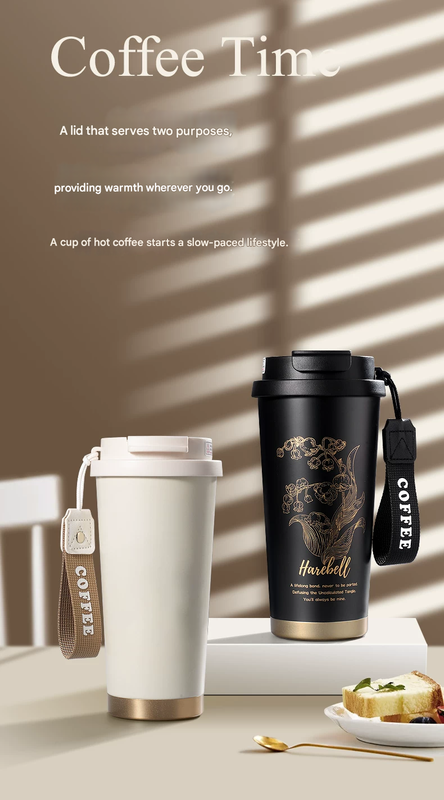White 316 Stainless Steel Insulated Coffee Tumbler 500ml  with Dual-Use Lid, Lily of the Valley Design, Leak-Proof Sip and Straw, BPA-Free Thermal Cup for Hot Cold Beverages