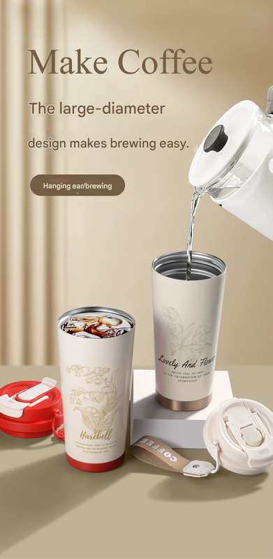 White 316 Stainless Steel Insulated Coffee Tumbler 500ml  with Dual-Use Lid, Lily of the Valley Design, Leak-Proof Sip and Straw, BPA-Free Thermal Cup for Hot Cold Beverages