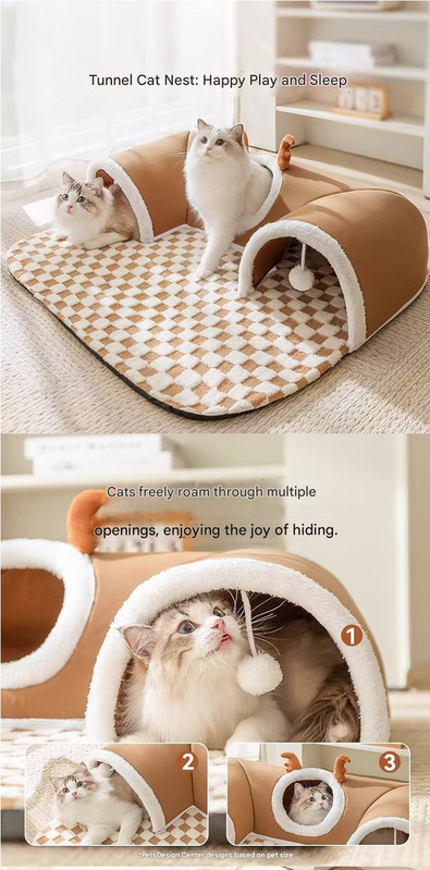 Grey  S size Cat Tunnel Bed House 4-Season Universal Removable Washable U-Shaped Cat Cave with Multi-Entrance, Plush Hideaway Pet Nest with Detachable Mat for Indoor Cats, Non-Slip Bottom, Multi-Cat Friendly
