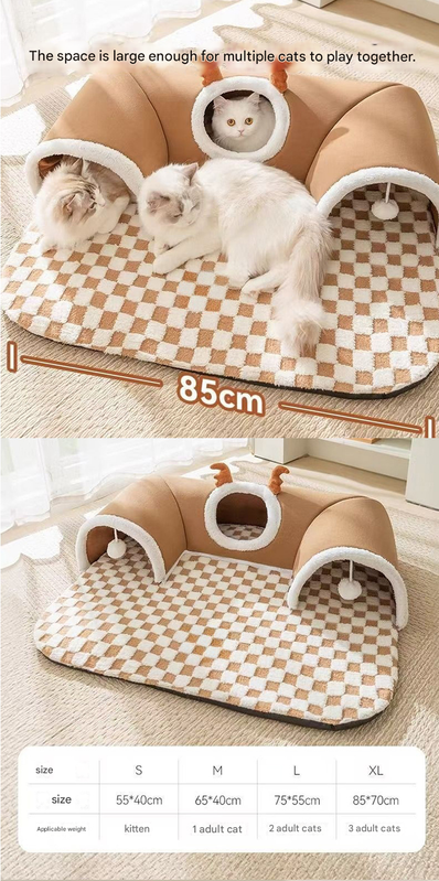 Grey  S size Cat Tunnel Bed House 4-Season Universal Removable Washable U-Shaped Cat Cave with Multi-Entrance, Plush Hideaway Pet Nest with Detachable Mat for Indoor Cats, Non-Slip Bottom, Multi-Cat Friendly