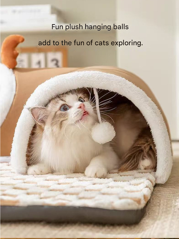 Grey  S size Cat Tunnel Bed House 4-Season Universal Removable Washable U-Shaped Cat Cave with Multi-Entrance, Plush Hideaway Pet Nest with Detachable Mat for Indoor Cats, Non-Slip Bottom, Multi-Cat Friendly