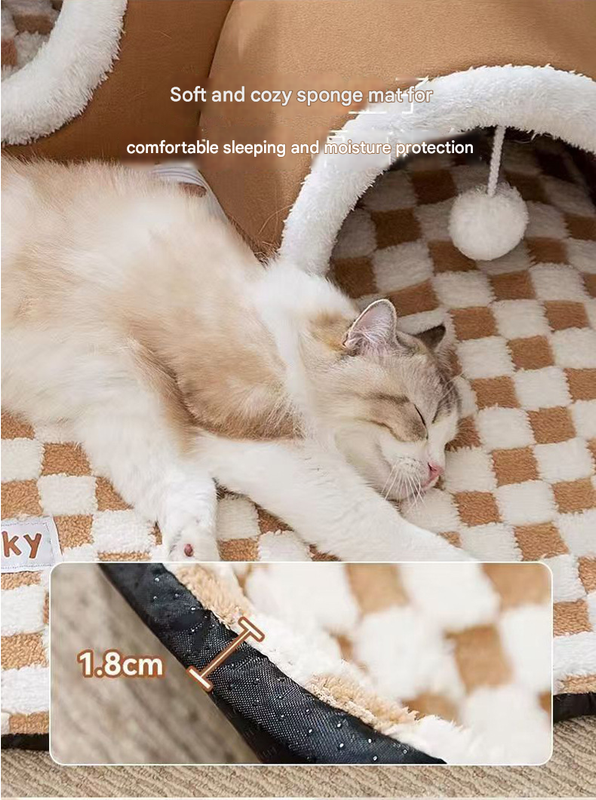 Grey  S size Cat Tunnel Bed House 4-Season Universal Removable Washable U-Shaped Cat Cave with Multi-Entrance, Plush Hideaway Pet Nest with Detachable Mat for Indoor Cats, Non-Slip Bottom, Multi-Cat Friendly