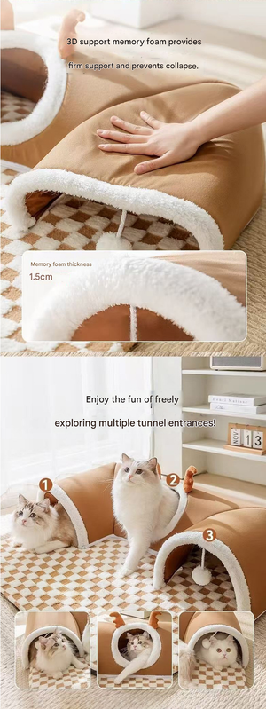 Grey  S size Cat Tunnel Bed House 4-Season Universal Removable Washable U-Shaped Cat Cave with Multi-Entrance, Plush Hideaway Pet Nest with Detachable Mat for Indoor Cats, Non-Slip Bottom, Multi-Cat Friendly