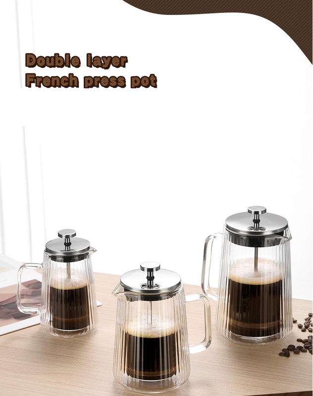 650ML Double Wall Glass French Press Coffee Maker - Borosilicate Glass Coffee Plunger with 304 Stainless Steel Filter, Heat Resistant Vertical Ribbed Design for Home Brewing