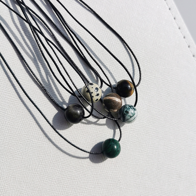 Vintage Geometric Natural Stone Bead Pendant Necklace Adjustable Black Rope Collarbone Chain Unisex Boho Jewelry Gift-Spotted Stone