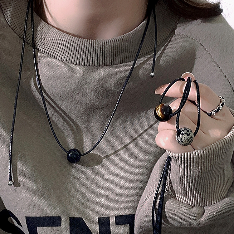 Vintage Geometric Natural Stone Bead Pendant Necklace Adjustable Black Rope Collarbone Chain Unisex Boho Jewelry Gift-Tiger's Eye stone
