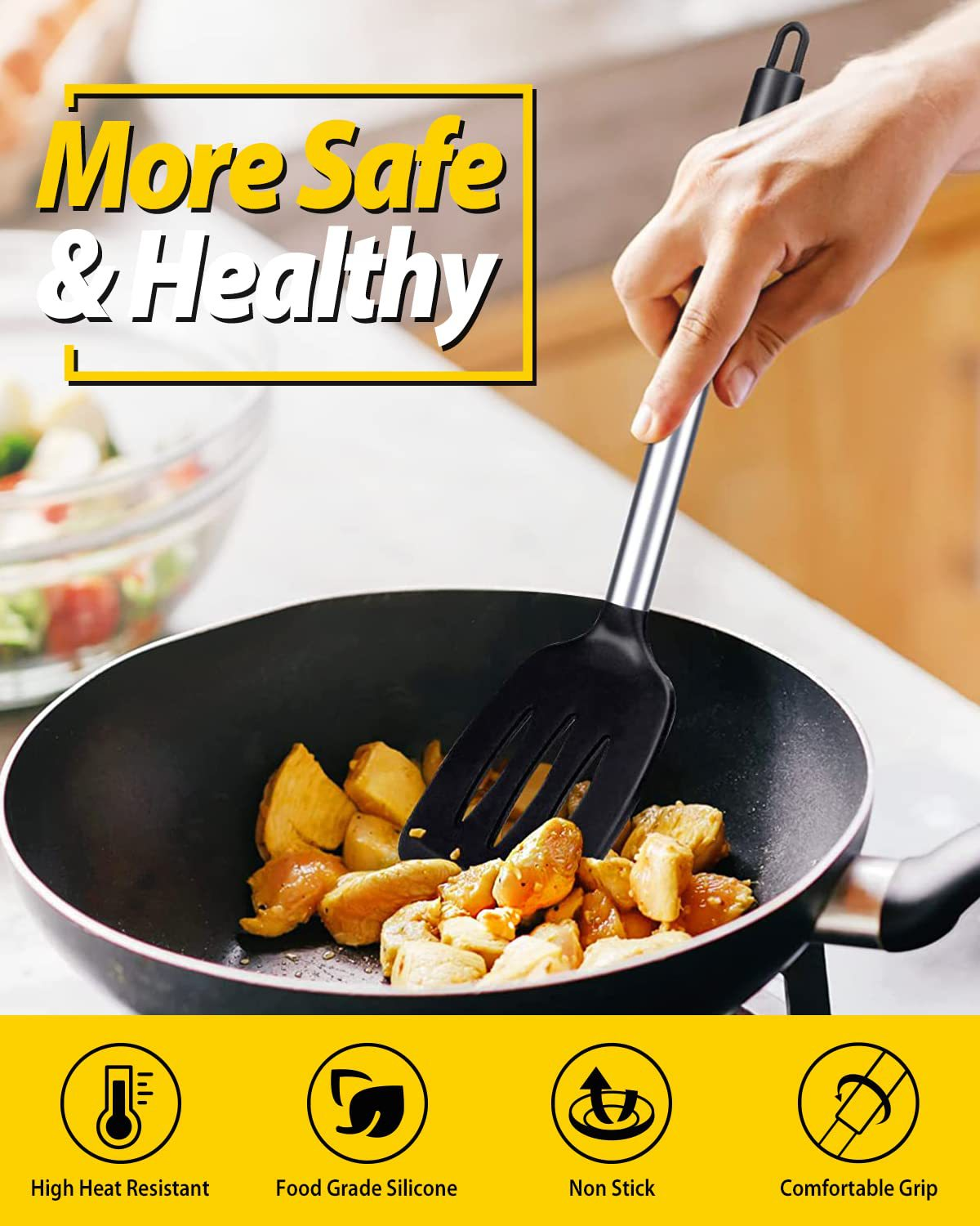 Black 2-Piece Silicone Spatula Set Slotted Turner Solid Turner Stainless Steel Handle Heat Resistant Non-Stick Cookware Kitchen Utensils