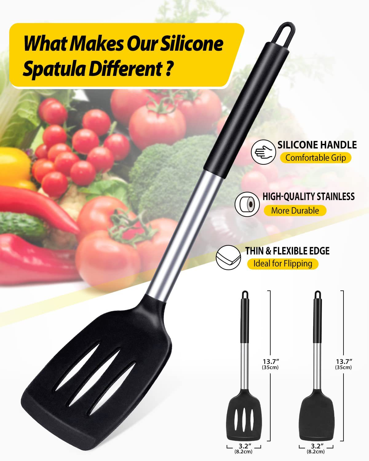 Black 4-Piece Silicone Spatula Set Slotted Turner Solid Turner Stainless Steel Handle Heat Resistant Non-Stick Cookware Kitchen Utensils