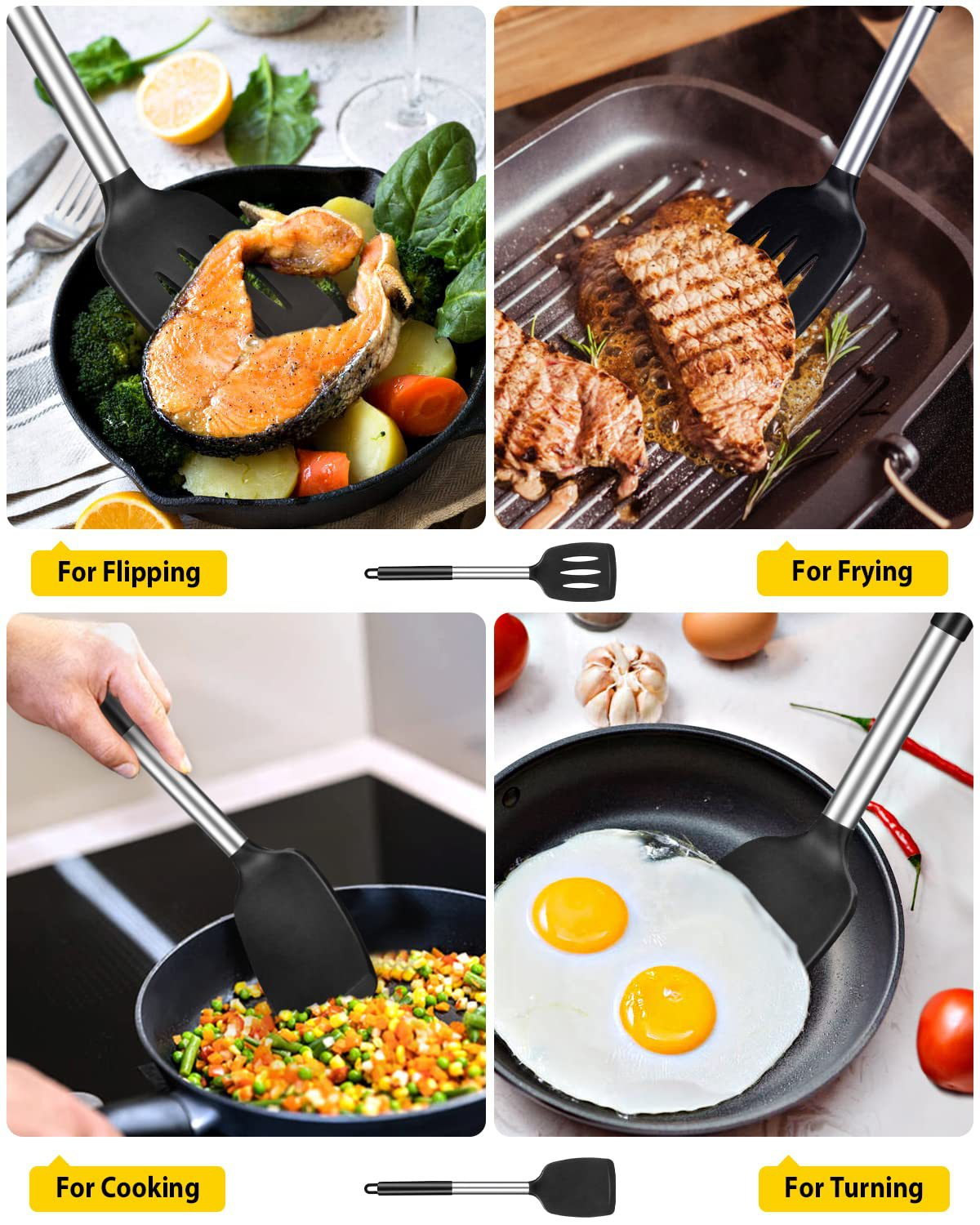 Black 4-Piece Silicone Spatula Set Slotted Turner Solid Turner Stainless Steel Handle Heat Resistant Non-Stick Cookware Kitchen Utensils