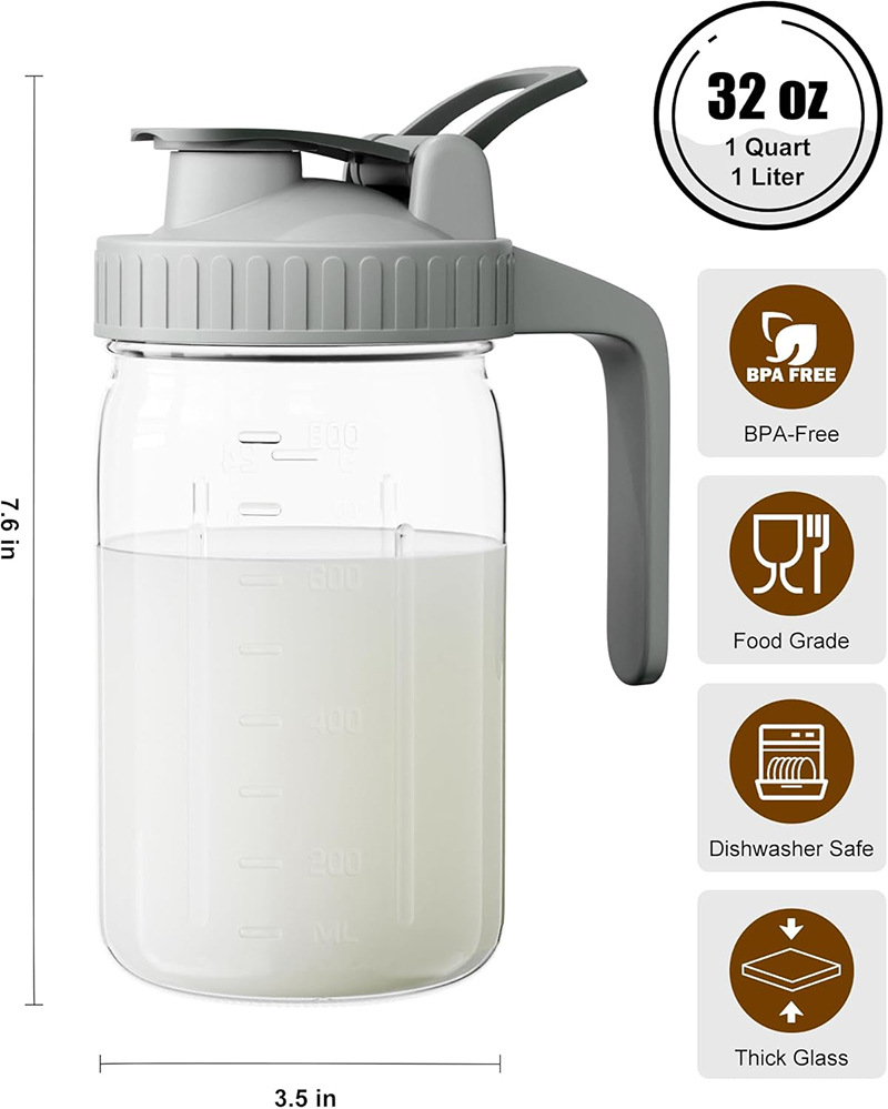 White Glass Mason Jar Pitcher 32oz with Flip Lid Pour Spout Milk Jug Leak-Proof Airtight Seal Wide Mouth Beverage Container Cold Brew Coffee Iced Tea Juice Milk Dispenser Fridge Storage