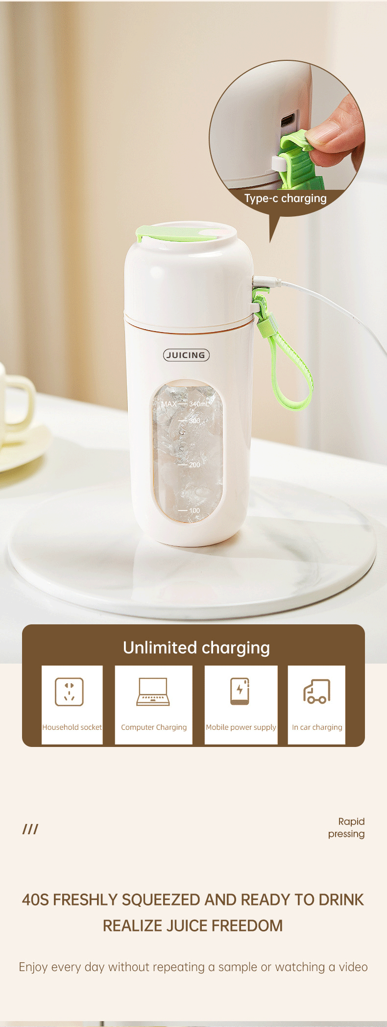 Green Portable Wireless Juicer Blender Cup - 350ml USB Rechargeable Personal Smoothie Maker with 12-Blade System, 40S Fast Extraction, BPA-Free Travel Juicing Cup for Home Office Gym Outdoor