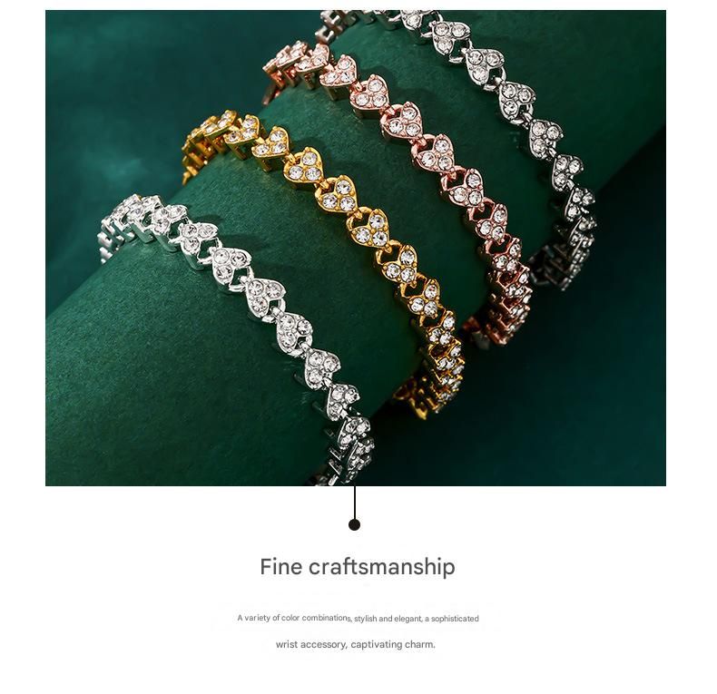 2-piece Aureate and  Silvery Luxury Crystal Heart Tennis Bracelet - European Roman Style Pave CZ Diamond Link Chain - Elegant Gold Silver Rose Gold Plated Fashion Jewelry for Women
