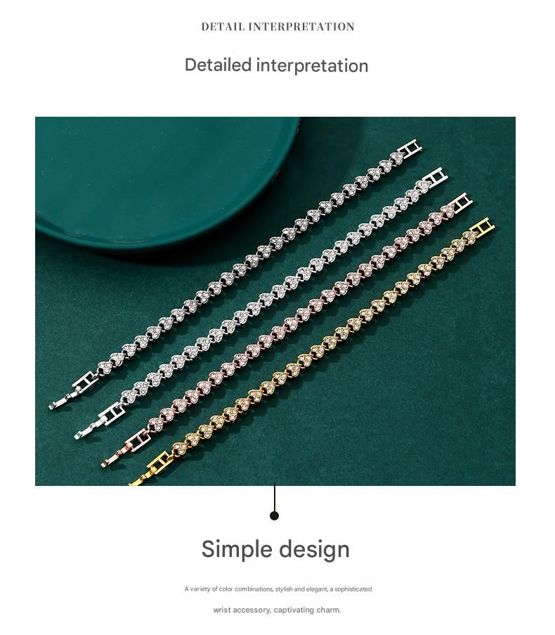 2-piece Silvery and  Rose Gold Luxury Crystal Heart Tennis Bracelet - European Roman Style Pave CZ Diamond Link Chain - Elegant Gold Silver Rose Gold Plated Fashion Jewelry for Women