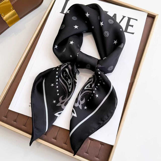 Black Women's 70cm Square Scarf - Bohemian Paisley & Vintage Print Collection - Lightweight Satin Feel, Versatile Neck Tie, Head Wrap, Bag Accent, Everyday Elegance, Gift Ready