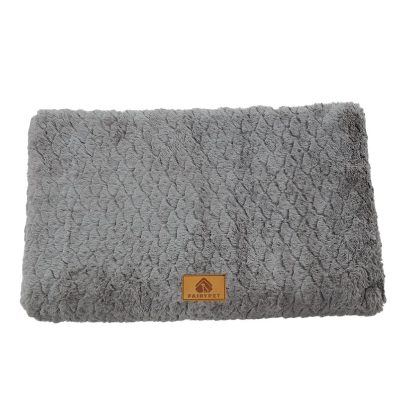 Grey L size Pet Dog Bed Mat - Plush Short Fur Cover with Wave Foam Padding - Washable Removable Cover, Non-Slip Base, Warm Winter Cushion for Dogs and Cats, Multiple Sizes