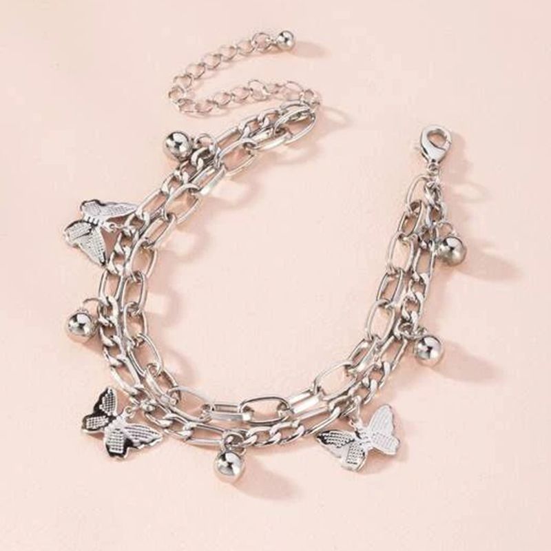 Aureate Butterfly Charm Layered Chain Bracelet - Gold and Silver Alloy Finish - Adjustable Double Strand Design, Lightweight Everyday Wear, Gift Ready，Gift Box Set
