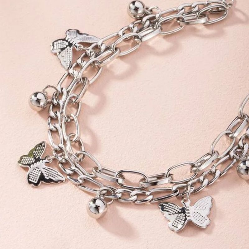 Aureate Butterfly Charm Layered Chain Bracelet - Gold and Silver Alloy Finish - Adjustable Double Strand Design, Lightweight Everyday Wear, Gift Ready，Gift Box Set