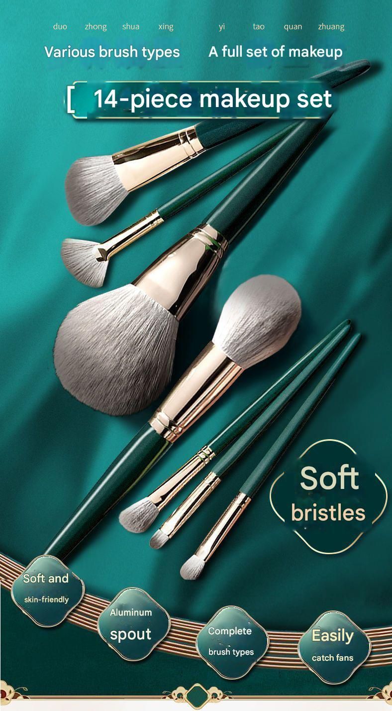 14-Piece Green  storage bucketSynthetic Fibre Makeup Brush Set - Soft Bristles, Long Handles, Complete Face and Eye Kit, Beginner Friendly Beauty Tools for Foundation, Blush, and Eyeshadow Application