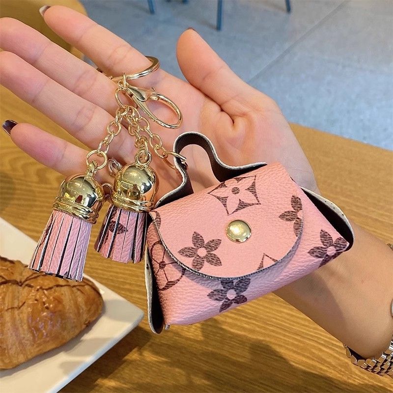 Pink Cute Mini PU Leather Coin Pouch with Tassel Keychain - Printed Pattern Earphone Holder, Small Key Bag for Women, Lightweight Everyday Accessory