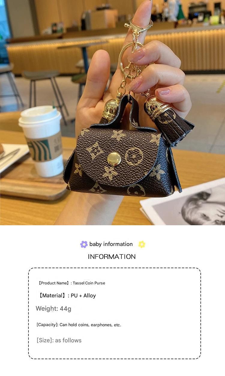 White Cute Mini PU Leather Coin Pouch with Tassel Keychain - Printed Pattern Earphone Holder, Small Key Bag for Women, Lightweight Everyday Accessory