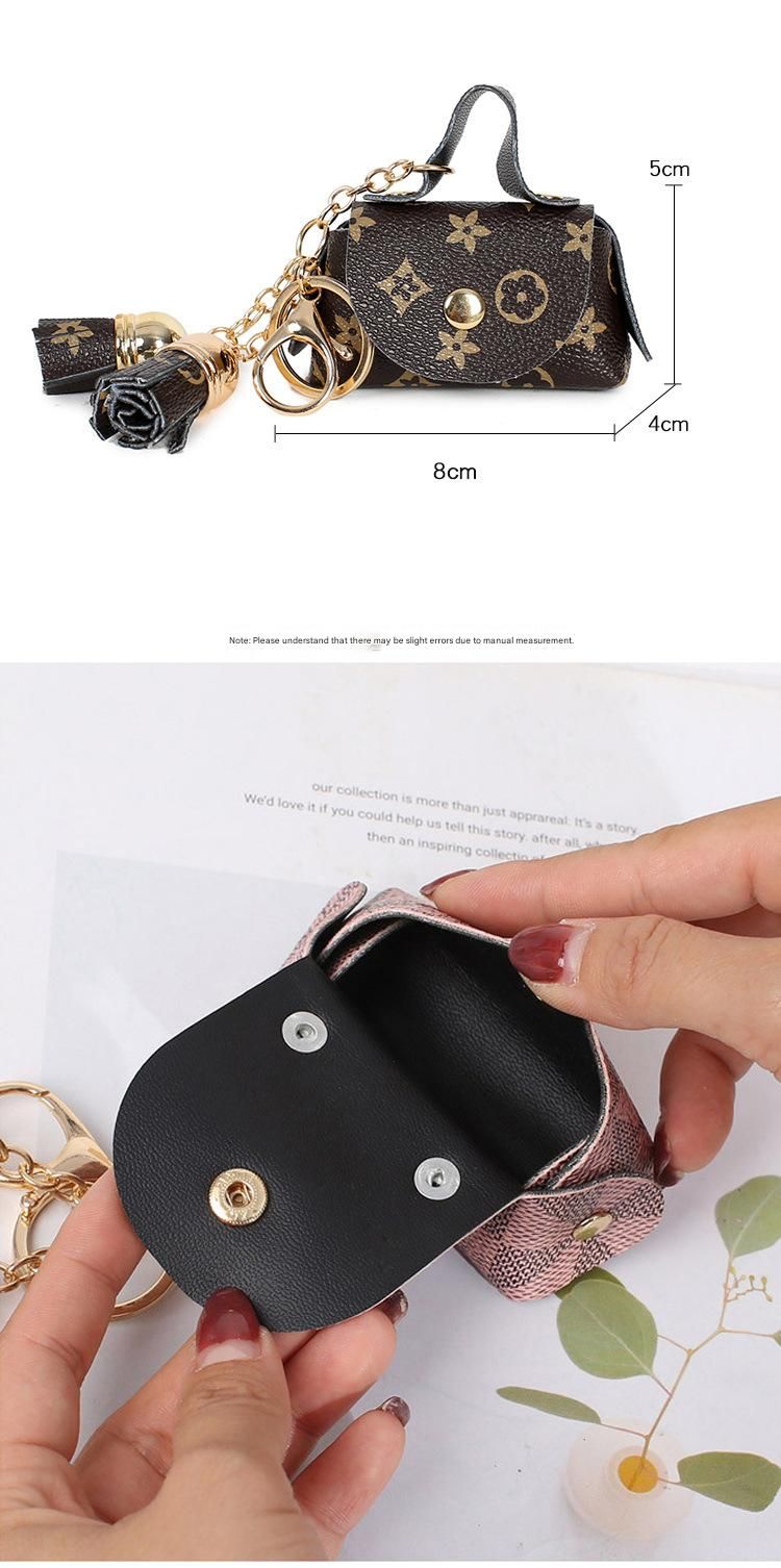 White Cute Mini PU Leather Coin Pouch with Tassel Keychain - Printed Pattern Earphone Holder, Small Key Bag for Women, Lightweight Everyday Accessory